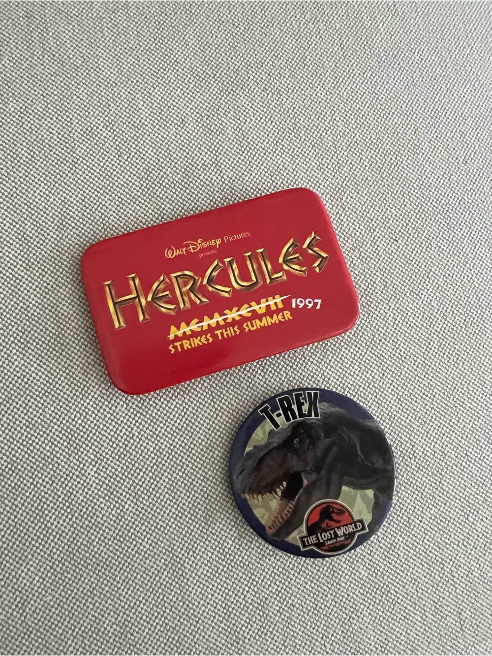 Set of 2 1997 Collectors Pins Disney Hercules Jurassic Park T-Rex Movie Premiere